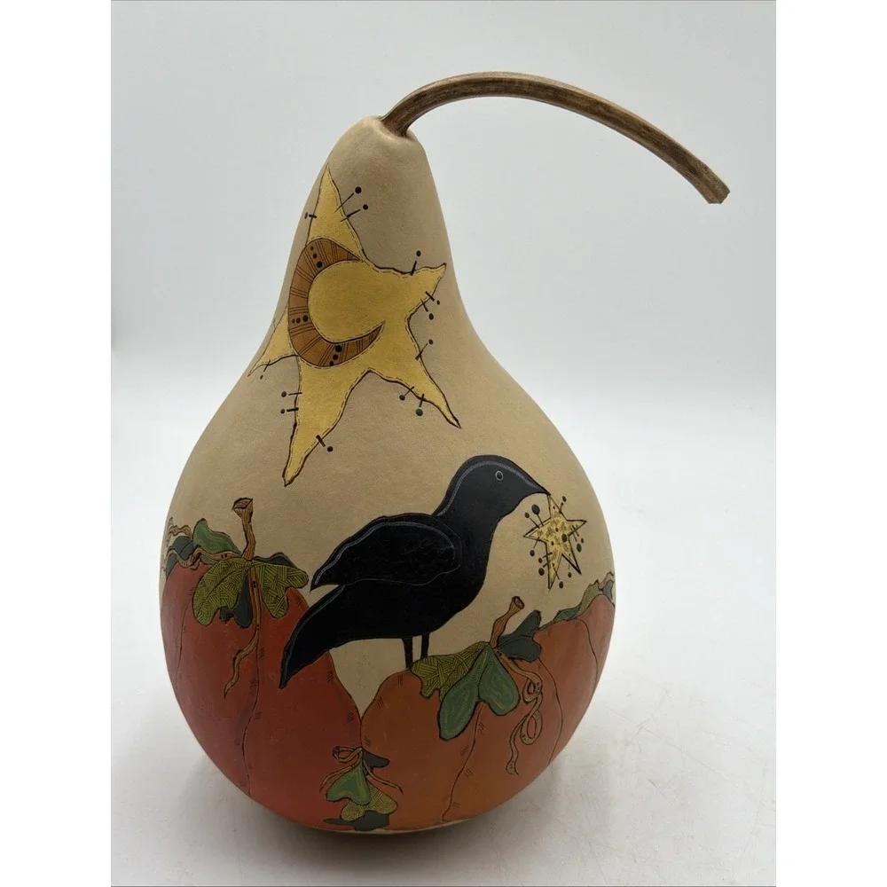 Primitive Hand Painted OOAK By Folk Artist Fall Gourd Crow Pumpkins